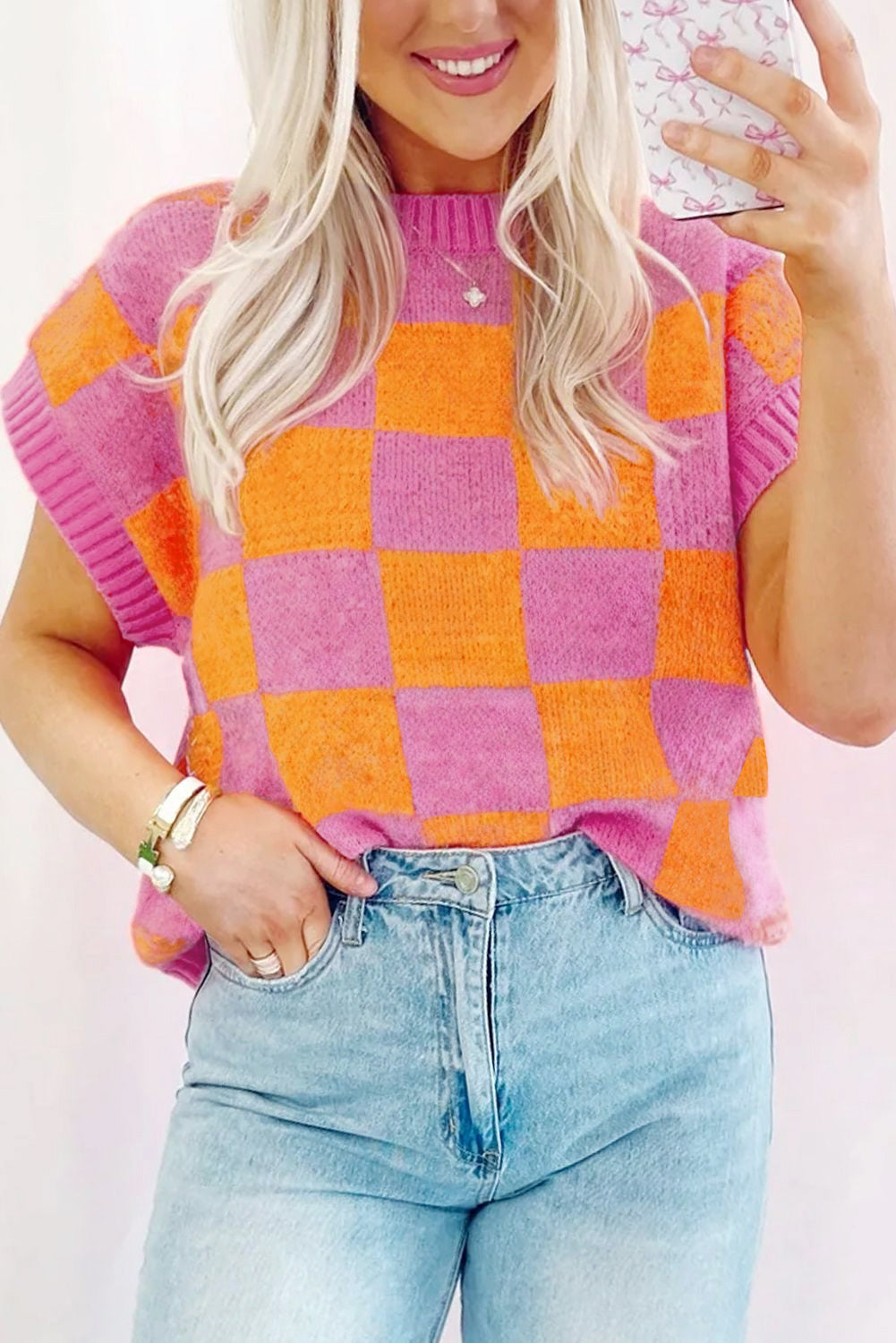 Strawberry Pink Colorblock Plaid Knit Dolman Tee