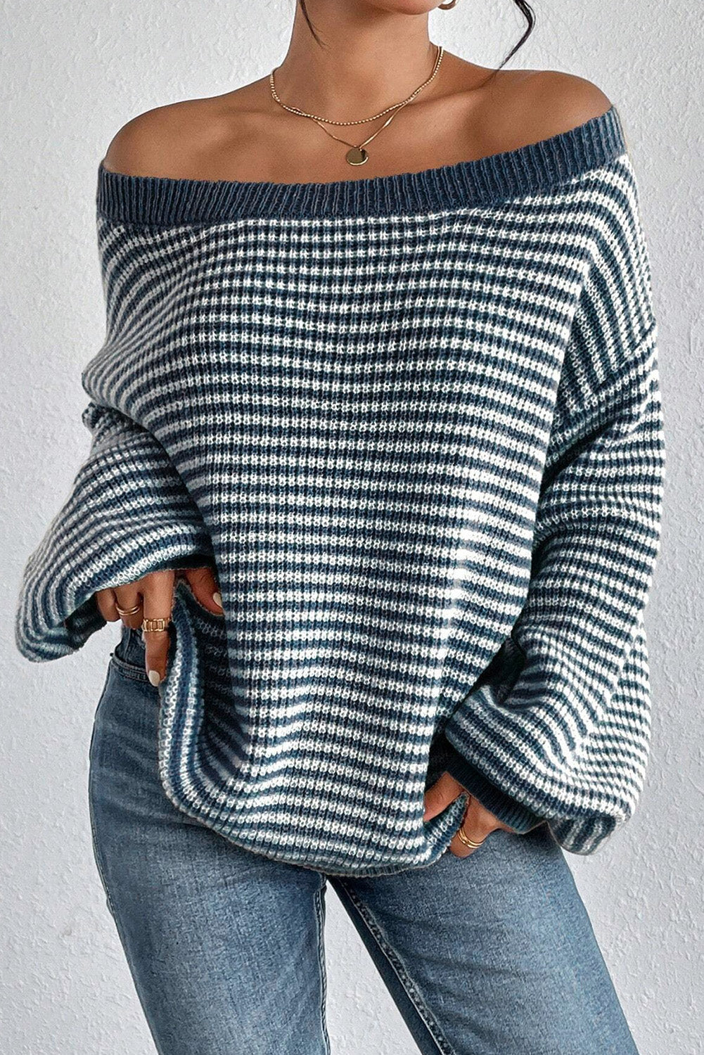 Sail Blue Striped Drop Shoulder Lantern Sleeve Sweater