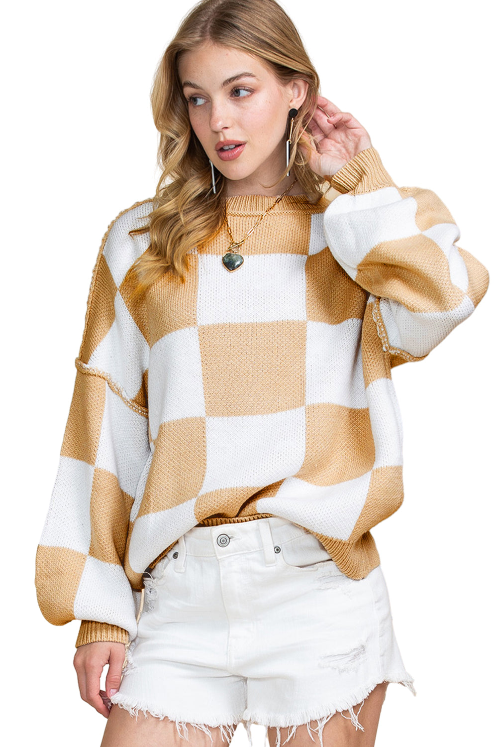 Orange & White Plaid Exposed Seam Bishop Sleeve Sweater