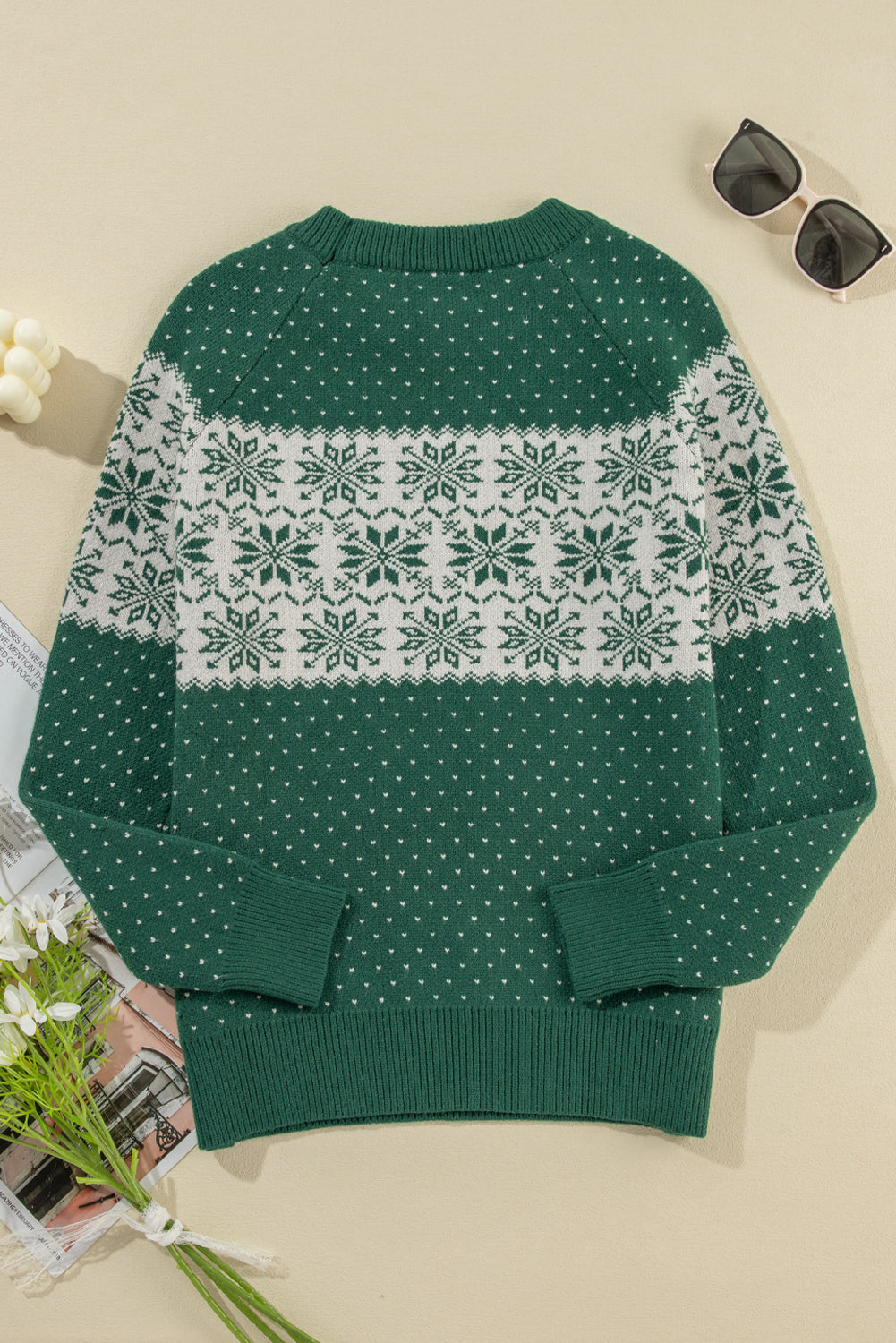 Green Snowflake Dotted Print Round Neck Sweater