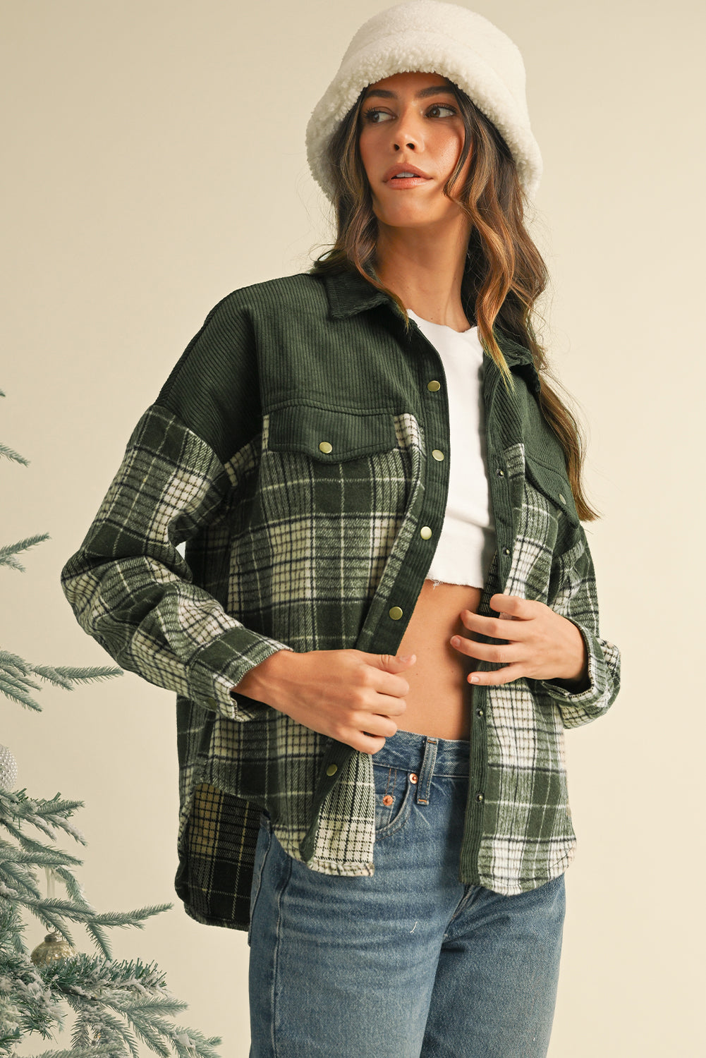 Blackish Green Snap Buttons Patchwork Plaid Shacket