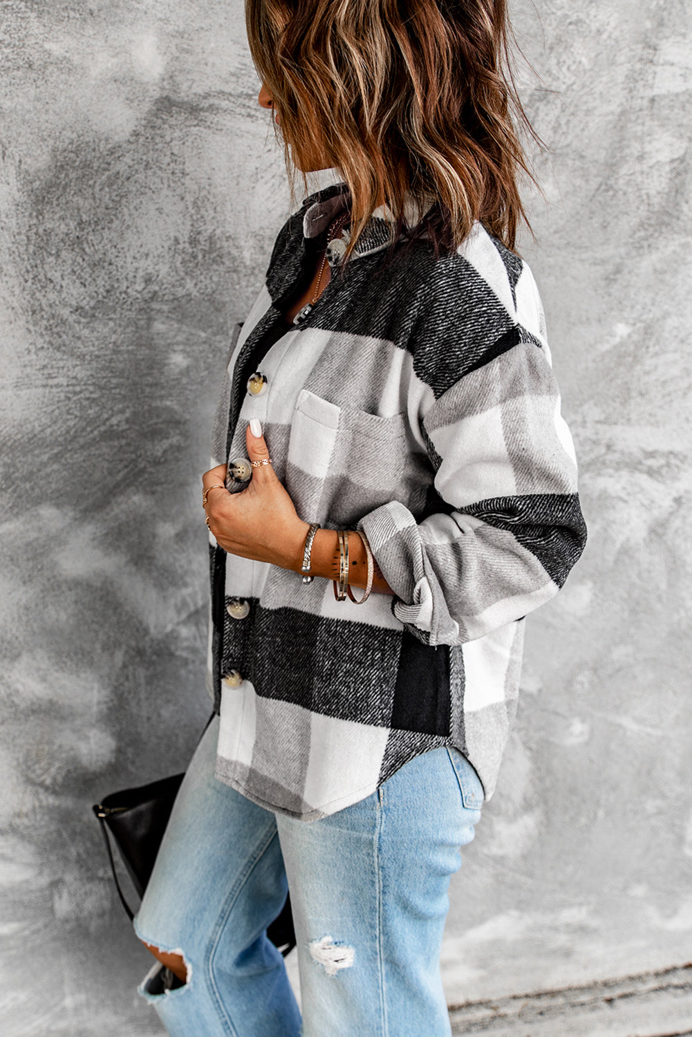 Grey Plaid Color Block Pockets Buttoned Shacket