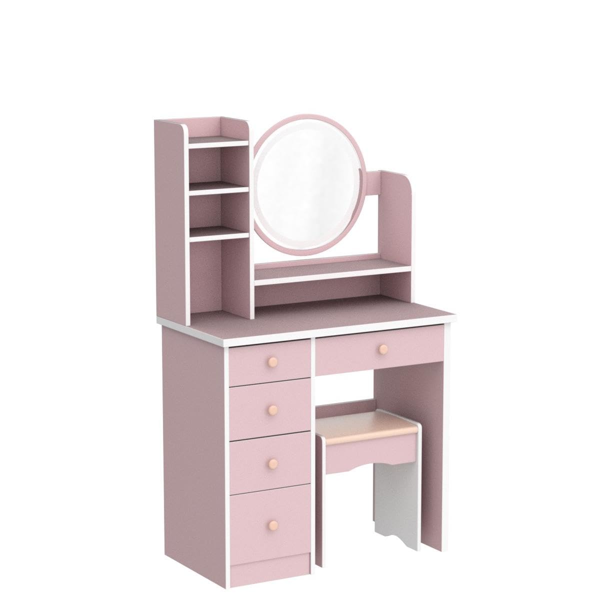 AGOTENI Large Vanity Table Set Makeup Vanity Dressing Table with Mirror, 5 Drawers & Shelves, Dresser Desk and Cushioned Stool Set (White Lighted Mirror)