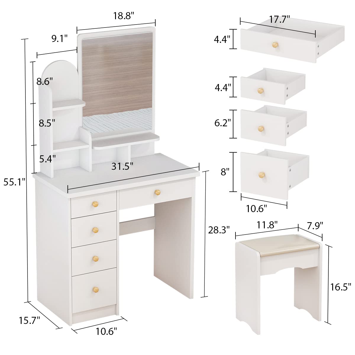 AGOTENI Large Vanity Table Set Makeup Vanity Dressing Table with Mirror, 5 Drawers & Shelves, Dresser Desk and Cushioned Stool Set (White Lighted Mirror)