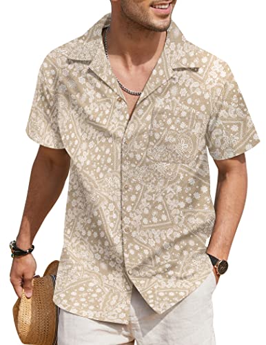 COOFANDY Men Hawaiian Floral Shirts Loose Fit Tropical Holiday Linen Beach Shirts