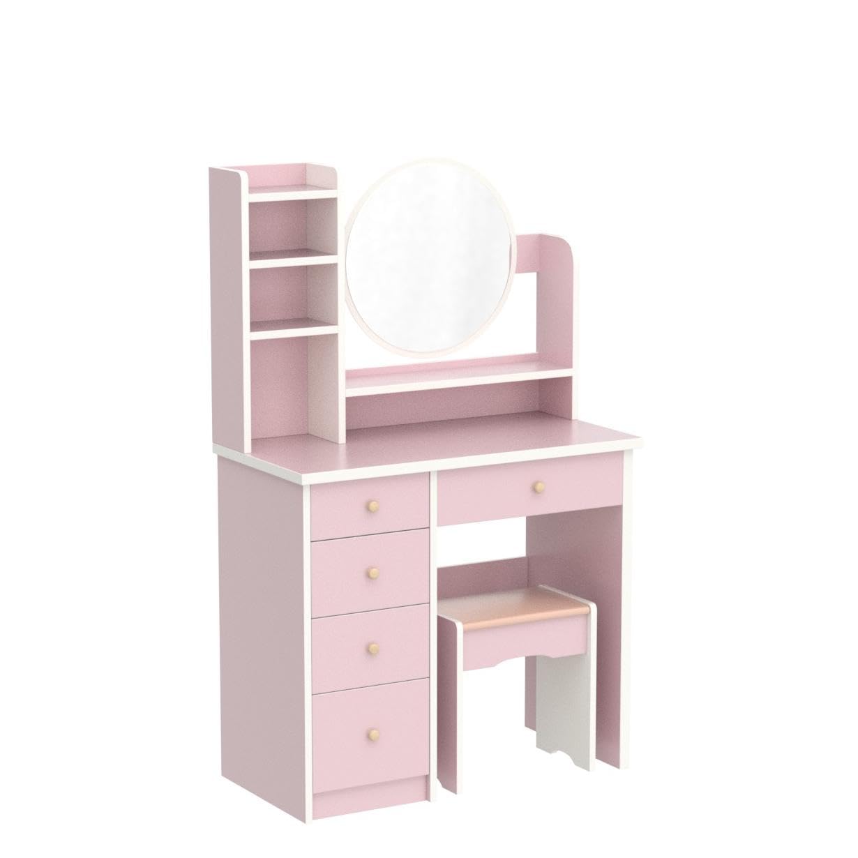 AGOTENI Large Vanity Table Set Makeup Vanity Dressing Table with Mirror, 5 Drawers & Shelves, Dresser Desk and Cushioned Stool Set (White Lighted Mirror)