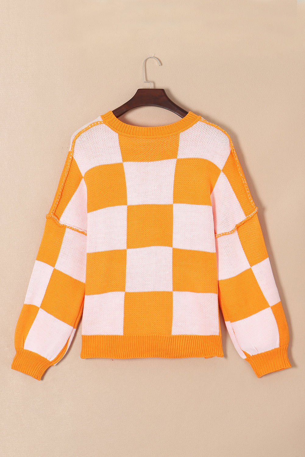 Orange & White Plaid Exposed Seam Bishop Sleeve Sweater