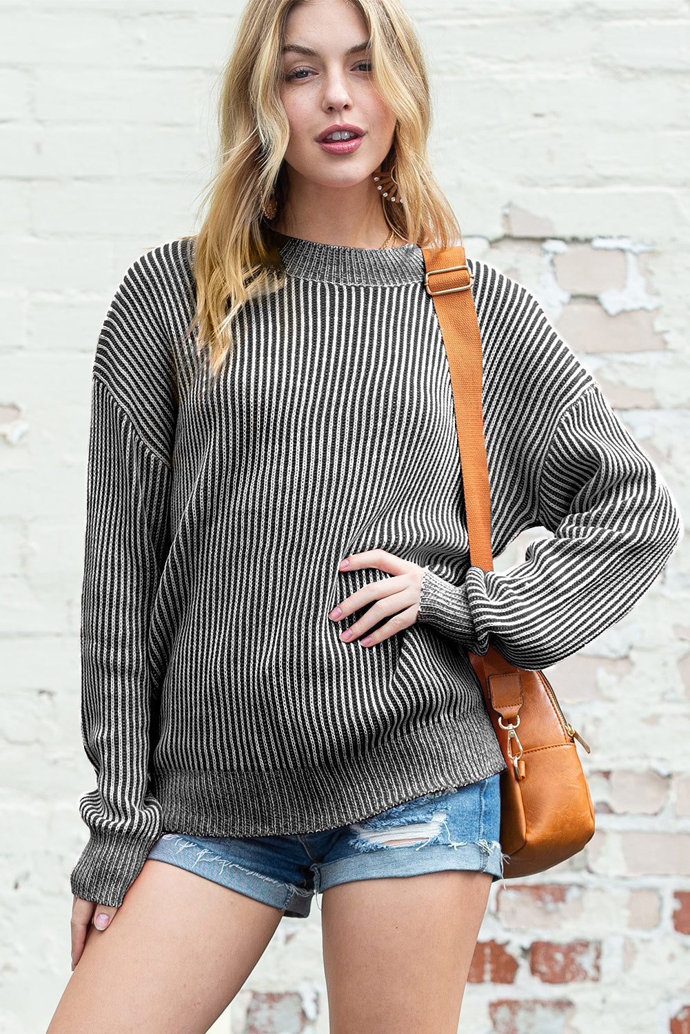 Black Stripe Ribbed Drop Shoulder Sweater