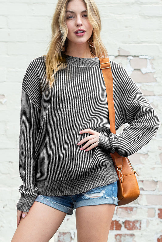 Black Stripe Ribbed Drop Shoulder Sweater