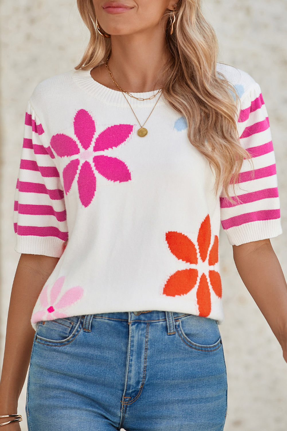 White Colorful Floral Print Striped Sleeve Knitted Tee