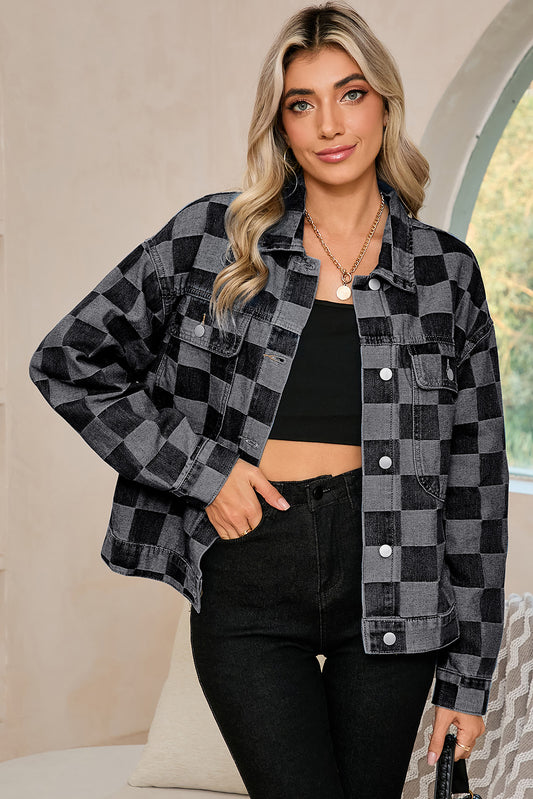 Black Checkered Patchwork Button Up Denim Jacket