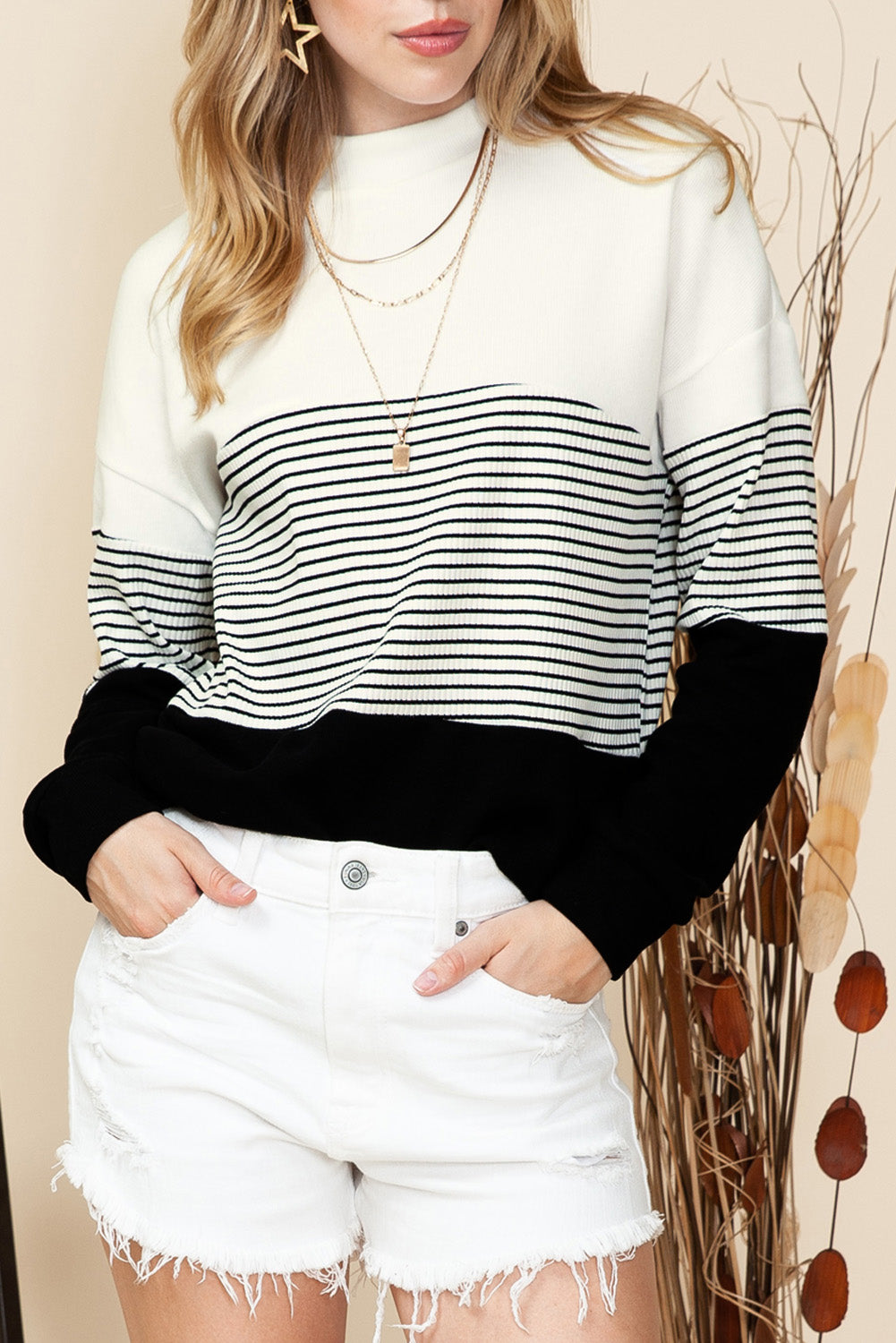 Black Striped Contrast Colorblock Knit Top