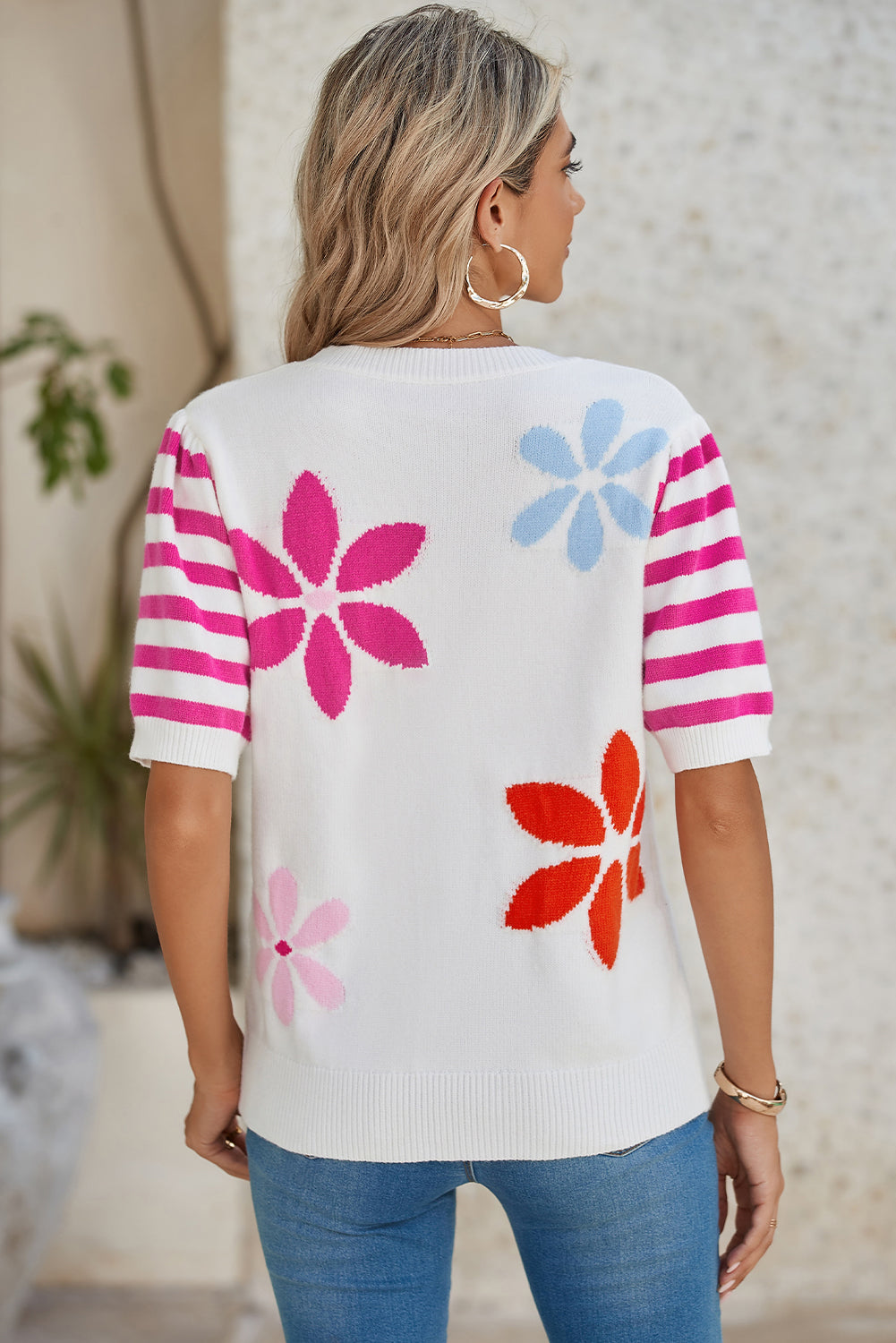 White Colorful Floral Print Striped Sleeve Knitted Tee