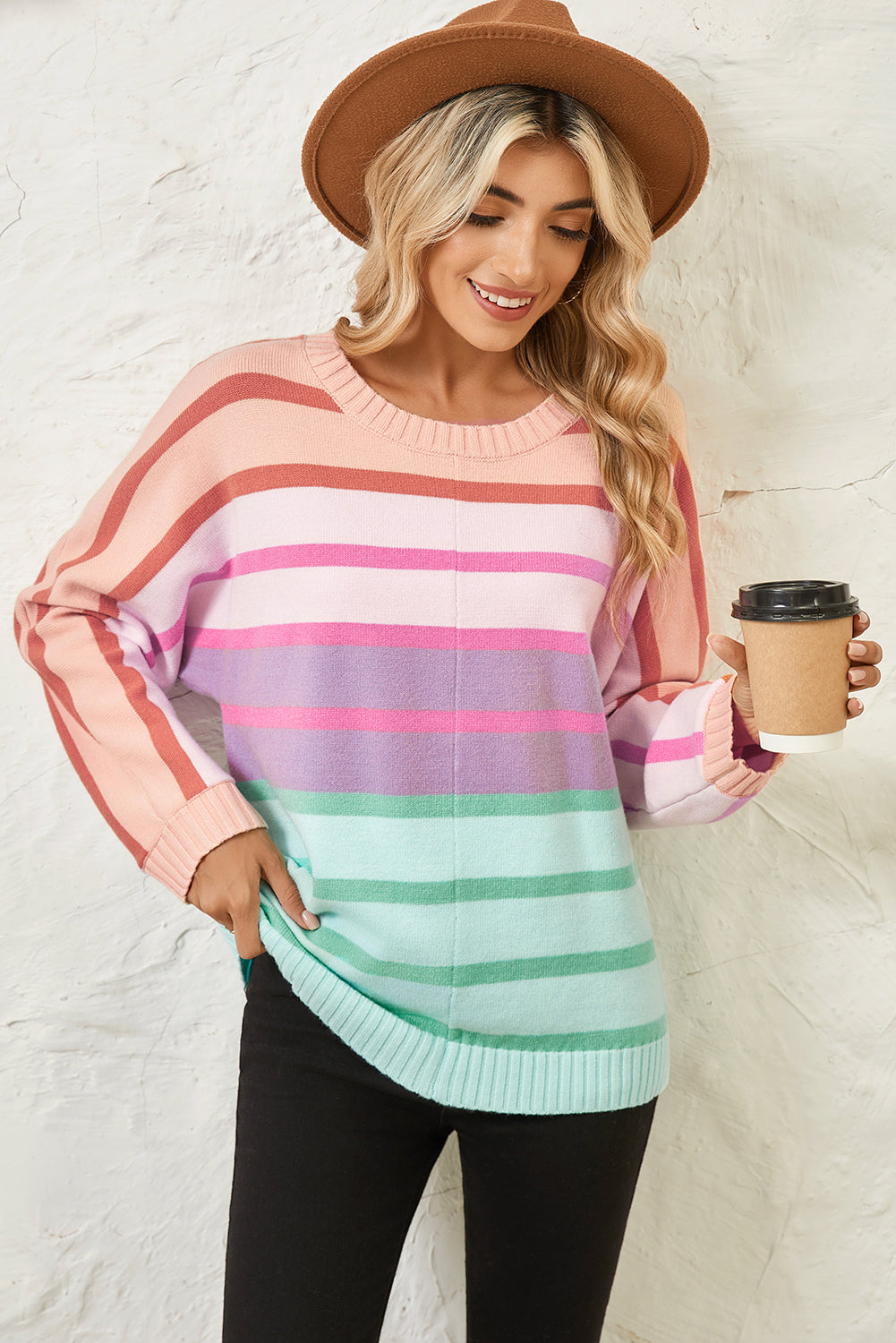 Multicolour Striped Ribbed Edge Gradient Loose Sweater