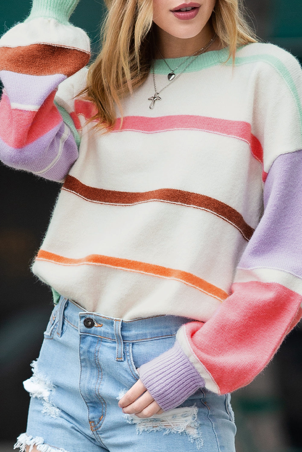 Multicolor Striped Print Drop Shoulder Pullover Crew Neck Sweater