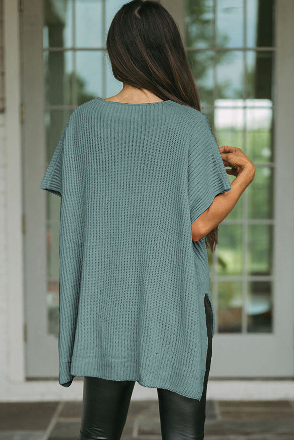 Gray Side Slit Short Dolman Sleeve Knitted Oversized Top