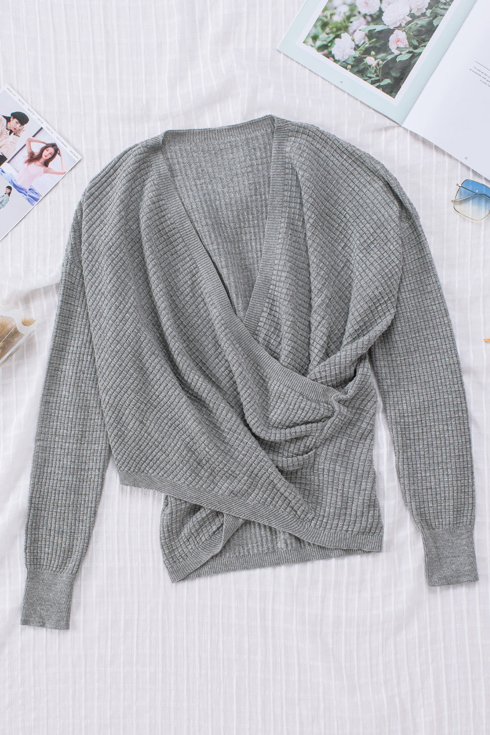 Grey Wrap Deep V-neck Casual Long Sleeve Knit Sweater