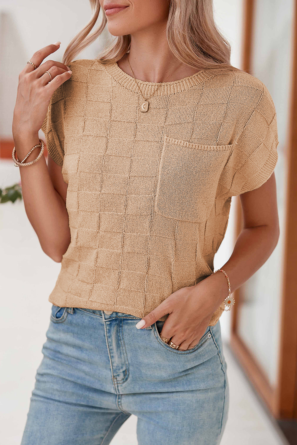 Gray Lattice Textured Knit Chest Pocket Loose Blouse