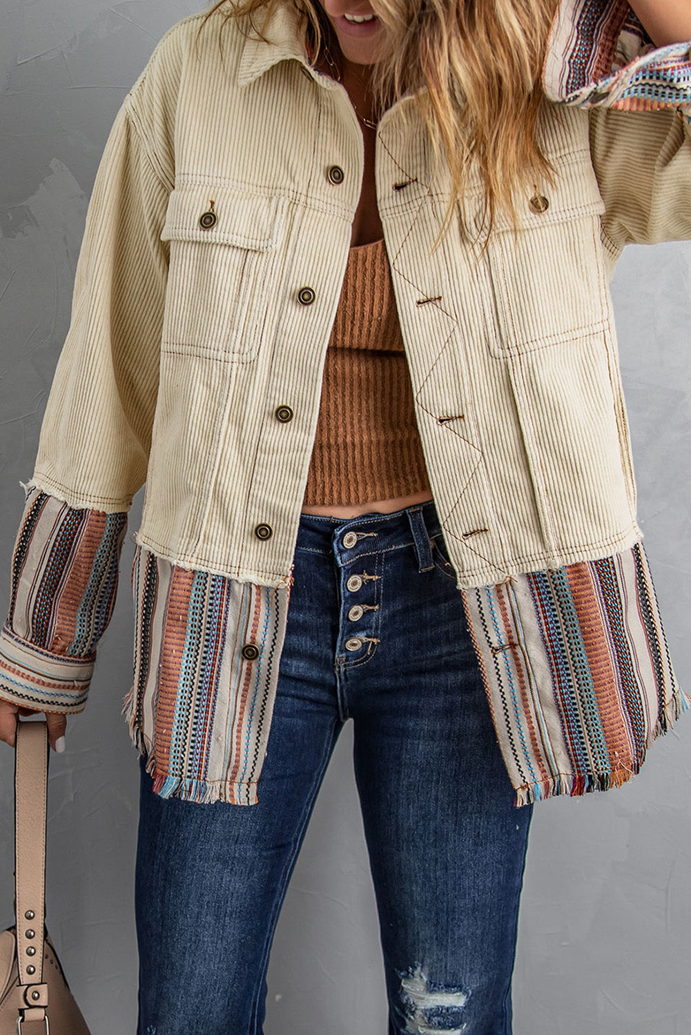 Beige Button Up Pockets Striped Color Block Corduroy Jacket