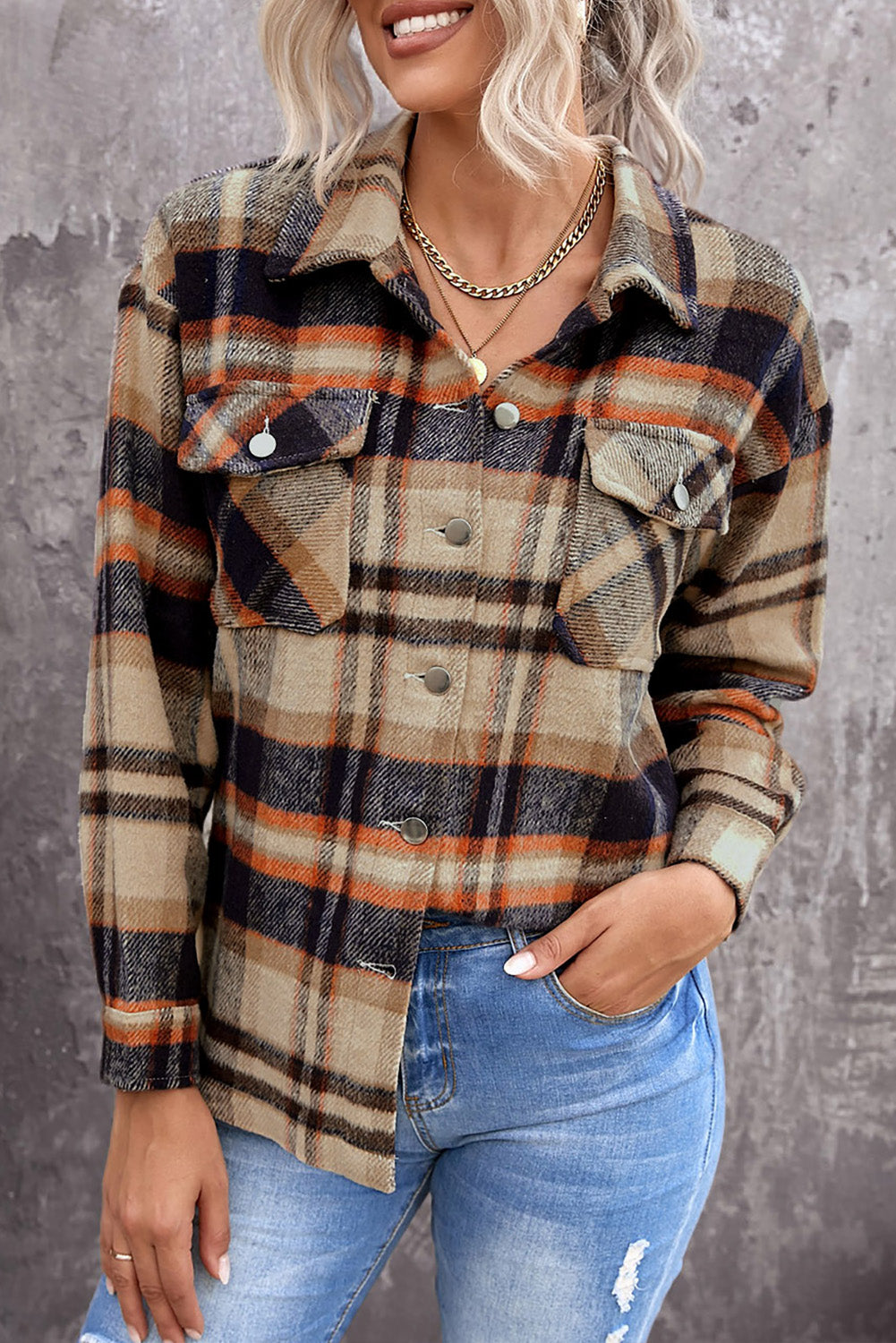 Brown Plaid Button Up Long Sleeve Flannel Shacket