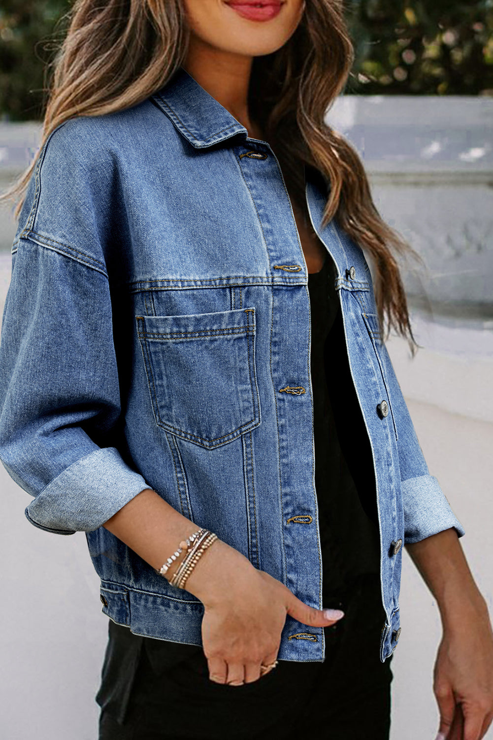 Blue Stripe Washed Oversized Pocketed Denim Jacket