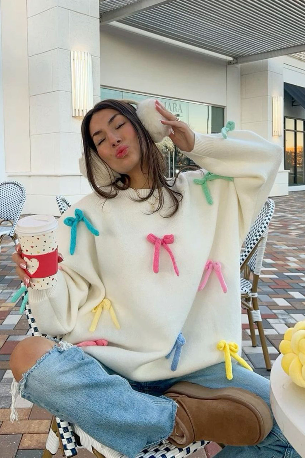 Beige Colorful Bowknot Crewneck Knit Sweater