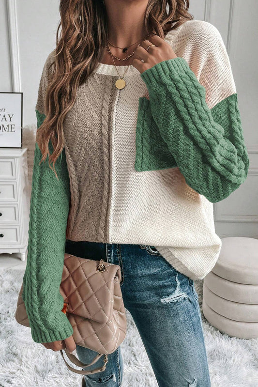 Vineyard Green Colorblock Pocket Drop Shoulder Sweater