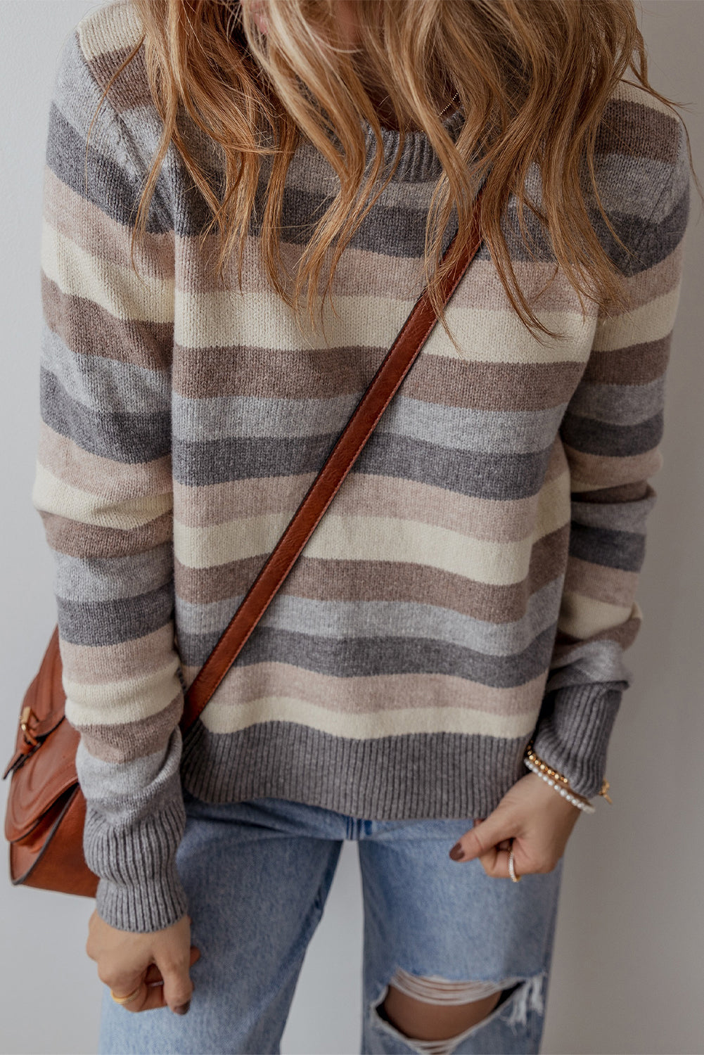 Gray Striped Ribbed Edge Round Neck