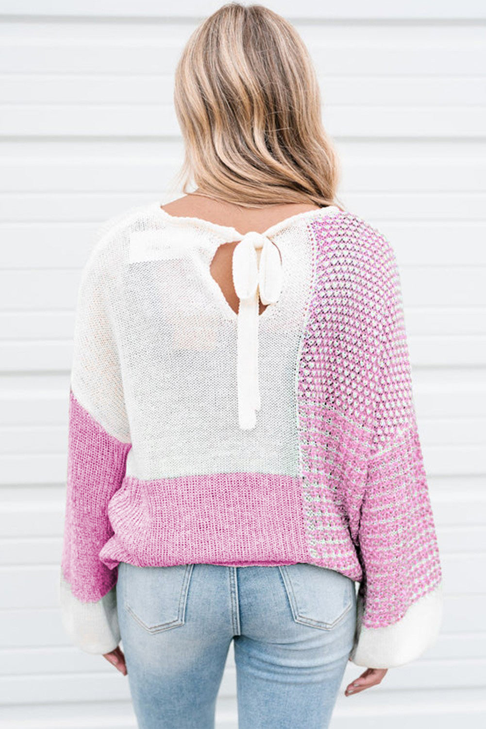 Pink Patchwork Tie Back Drop Shoulder Knit Sweater