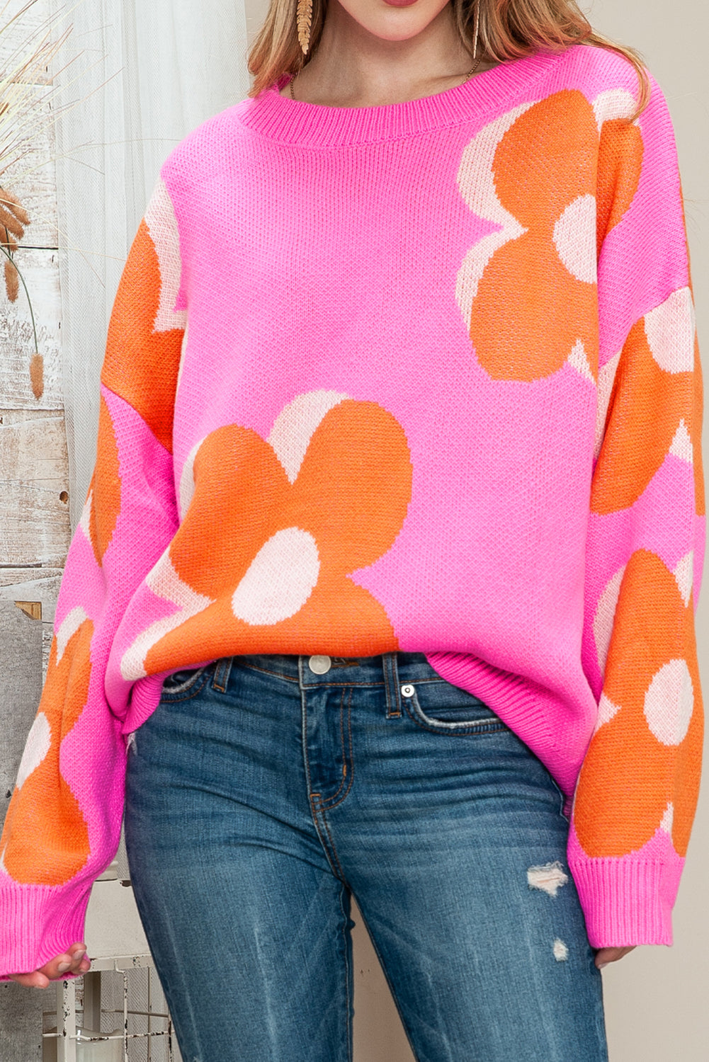 Pink & Orange 60s Floral Cable Knitted Sweater