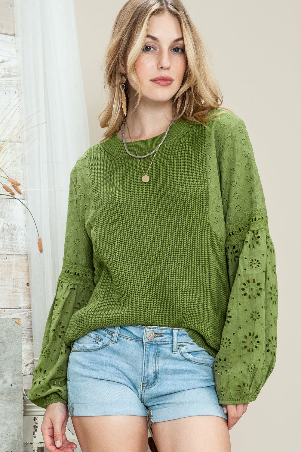 Green Eyelet Drop Shoulder Long Sleeve Pullover Sweater