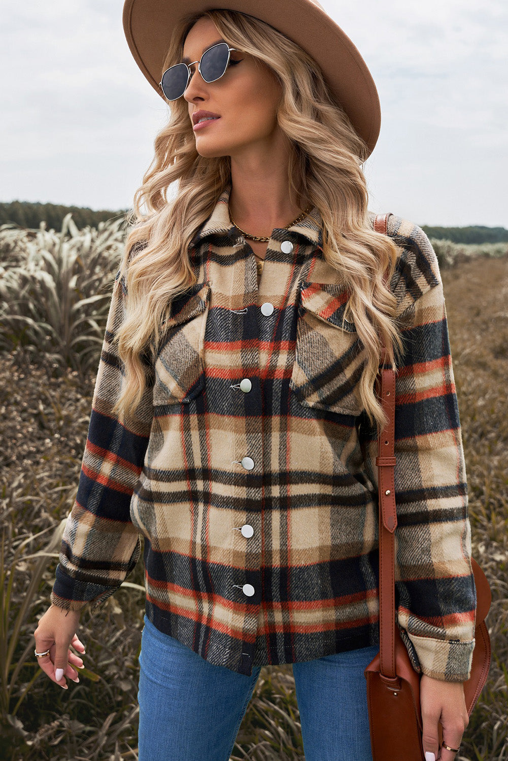 Brown Plaid Button Up Long Sleeve Flannel Shacket