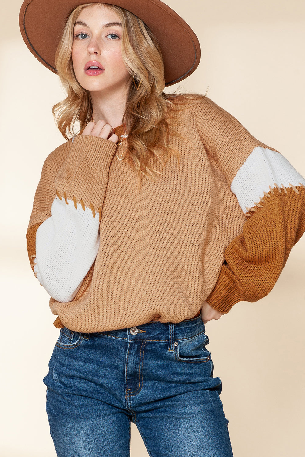 Flaxen Colorblock Drop Sleeve Knit Pullover Sweater