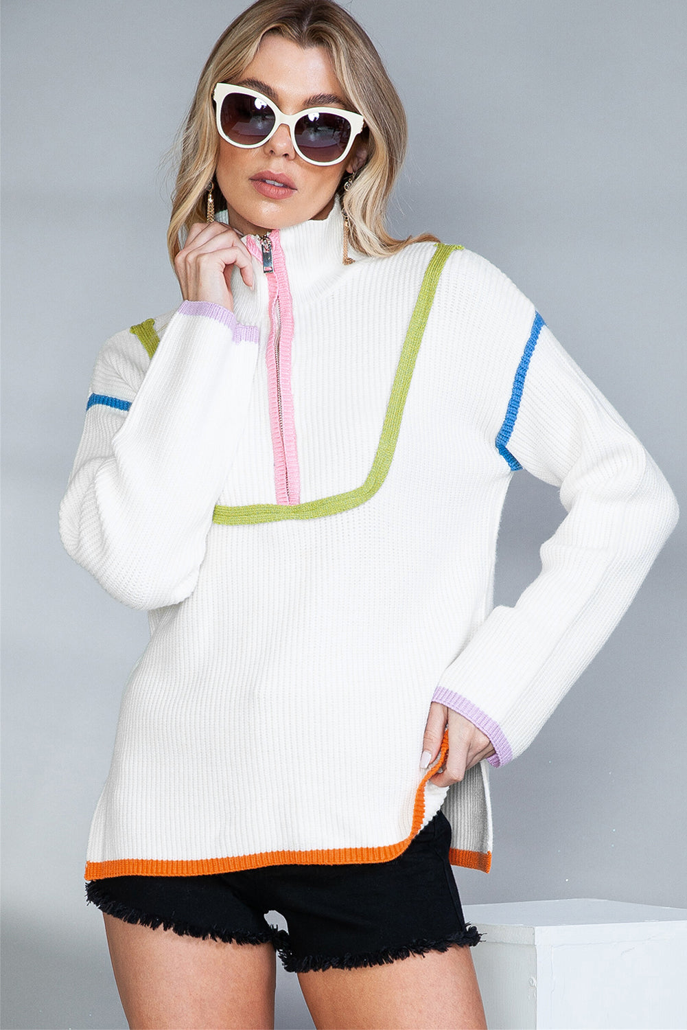 White Contrast Trim Half Zip Pullover Sweater