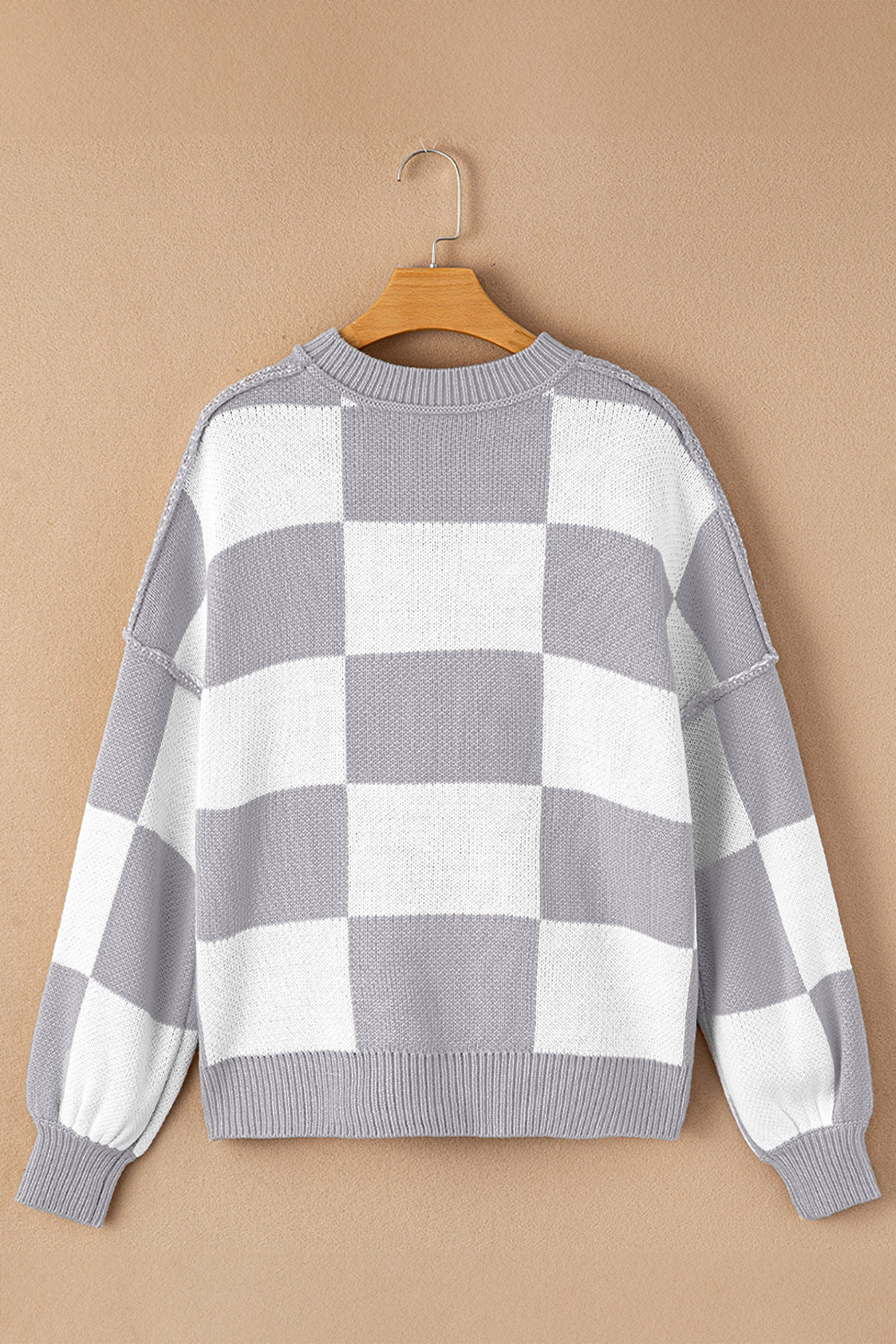 Orange & White Plaid Exposed Seam Bishop Sleeve Sweater