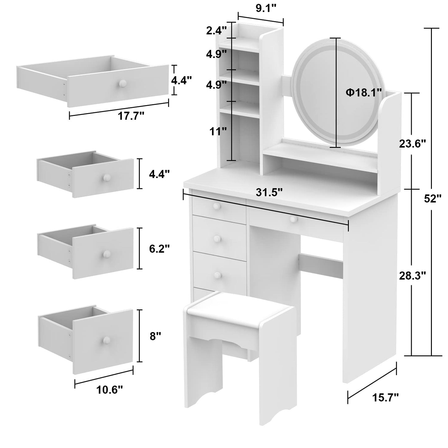 AGOTENI Large Vanity Table Set Makeup Vanity Dressing Table with Mirror, 5 Drawers & Shelves, Dresser Desk and Cushioned Stool Set (White Lighted Mirror)