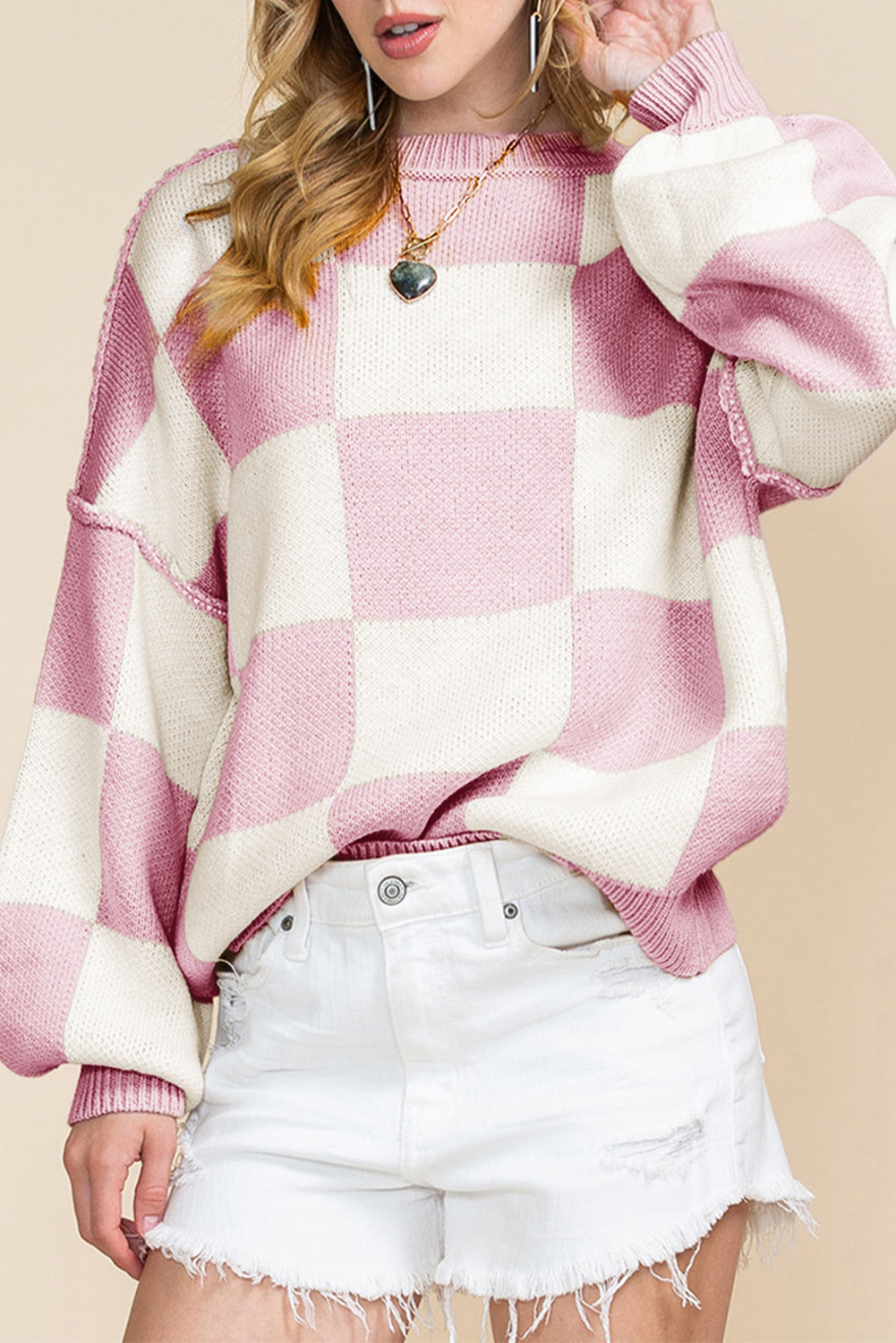 Orange & White Plaid Exposed Seam Bishop Sleeve Sweater