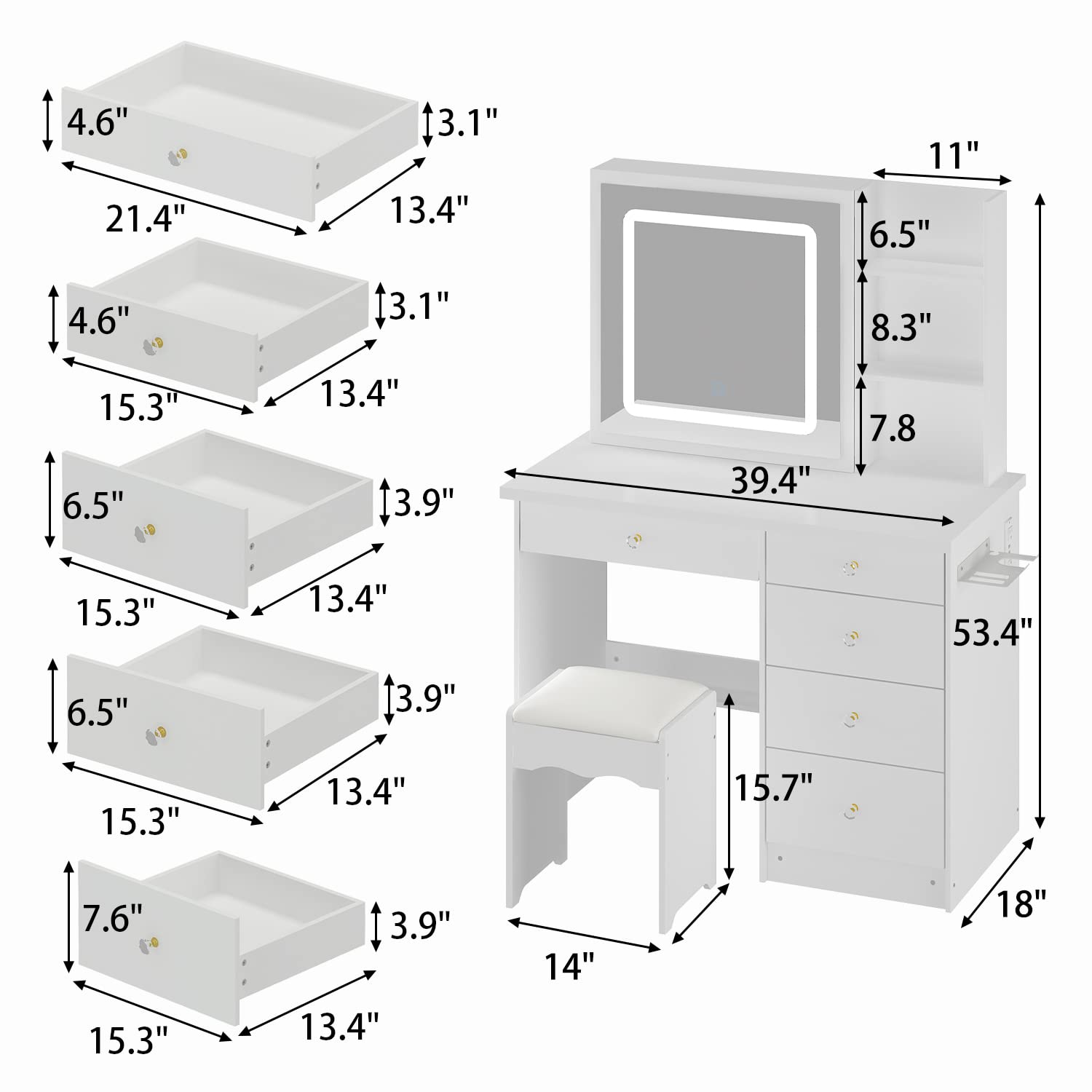 Homsee Vanity Desk Set Makeup Table with Shiny Rhinestone Crushed Diamond LED Light & Sliding Mirror, Dressing Table with 5 Drawers, Storage Shelves & Cushioned Stool for Bedroom, White