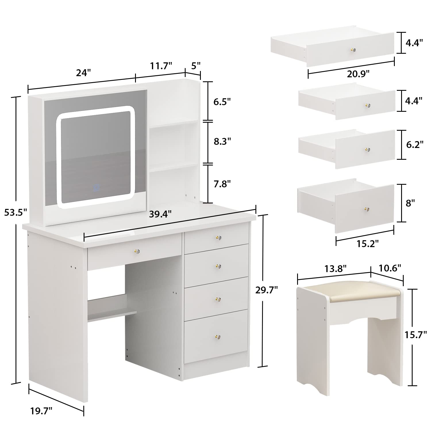 AGOTENI Large Vanity Table Set Makeup Vanity Dressing Table with Mirror, 5 Drawers & Shelves, Dresser Desk and Cushioned Stool Set (White Lighted Mirror)