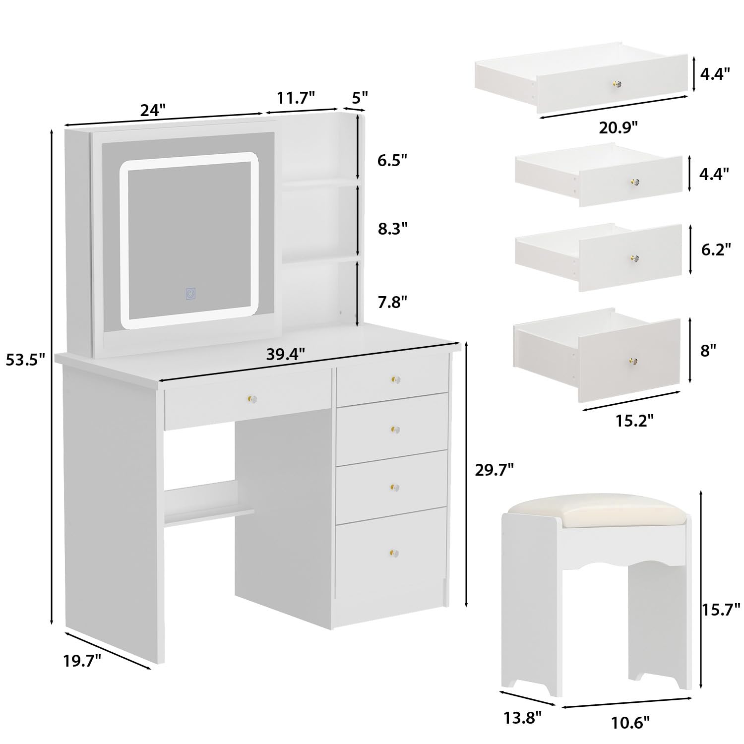 Homsee Vanity Desk Set Makeup Table with Shiny Rhinestone Crushed Diamond LED Light & Sliding Mirror, Dressing Table with 5 Drawers, Storage Shelves & Cushioned Stool for Bedroom, White