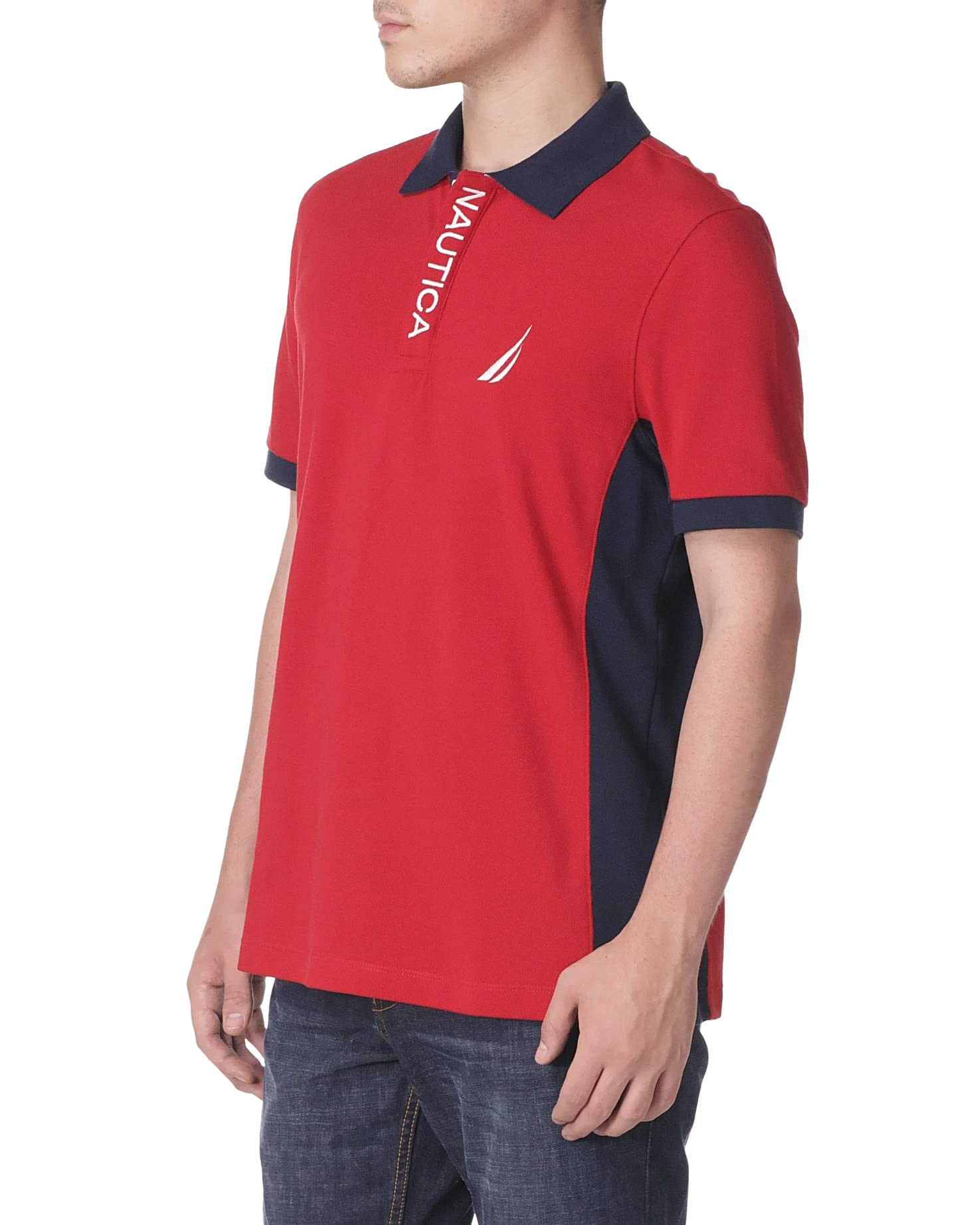 Nautica Men's Short Sleeve Color Block Performance Pique Polo Shirt, Navy, Large