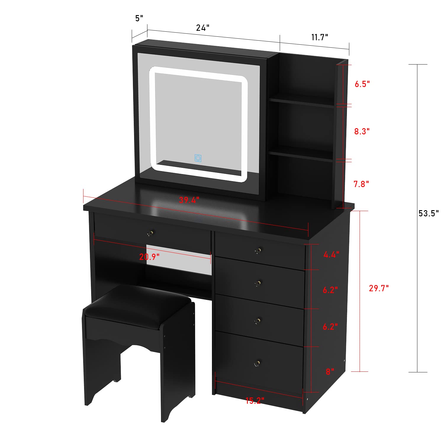 Homsee Vanity Desk Set Makeup Table with Shiny Rhinestone Crushed Diamond LED Light & Sliding Mirror, Dressing Table with 5 Drawers, Storage Shelves & Cushioned Stool for Bedroom, White