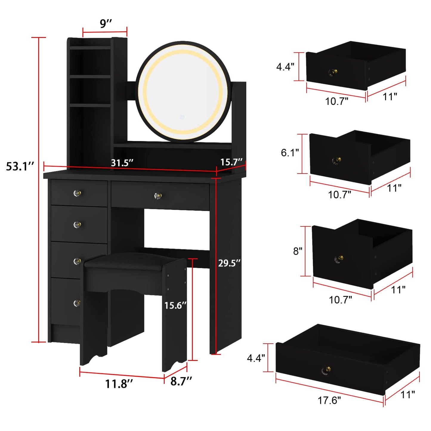 AGOTENI Large Vanity Table Set Makeup Vanity Dressing Table with Mirror, 5 Drawers & Shelves, Dresser Desk and Cushioned Stool Set (White Lighted Mirror)