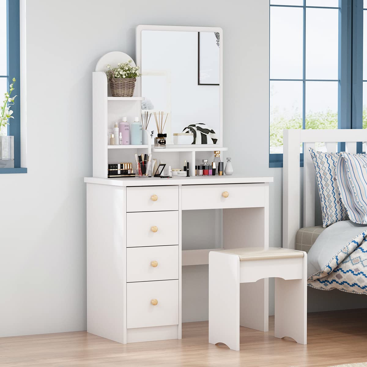 AGOTENI Large Vanity Table Set Makeup Vanity Dressing Table with Mirror, 5 Drawers & Shelves, Dresser Desk and Cushioned Stool Set (White Lighted Mirror)