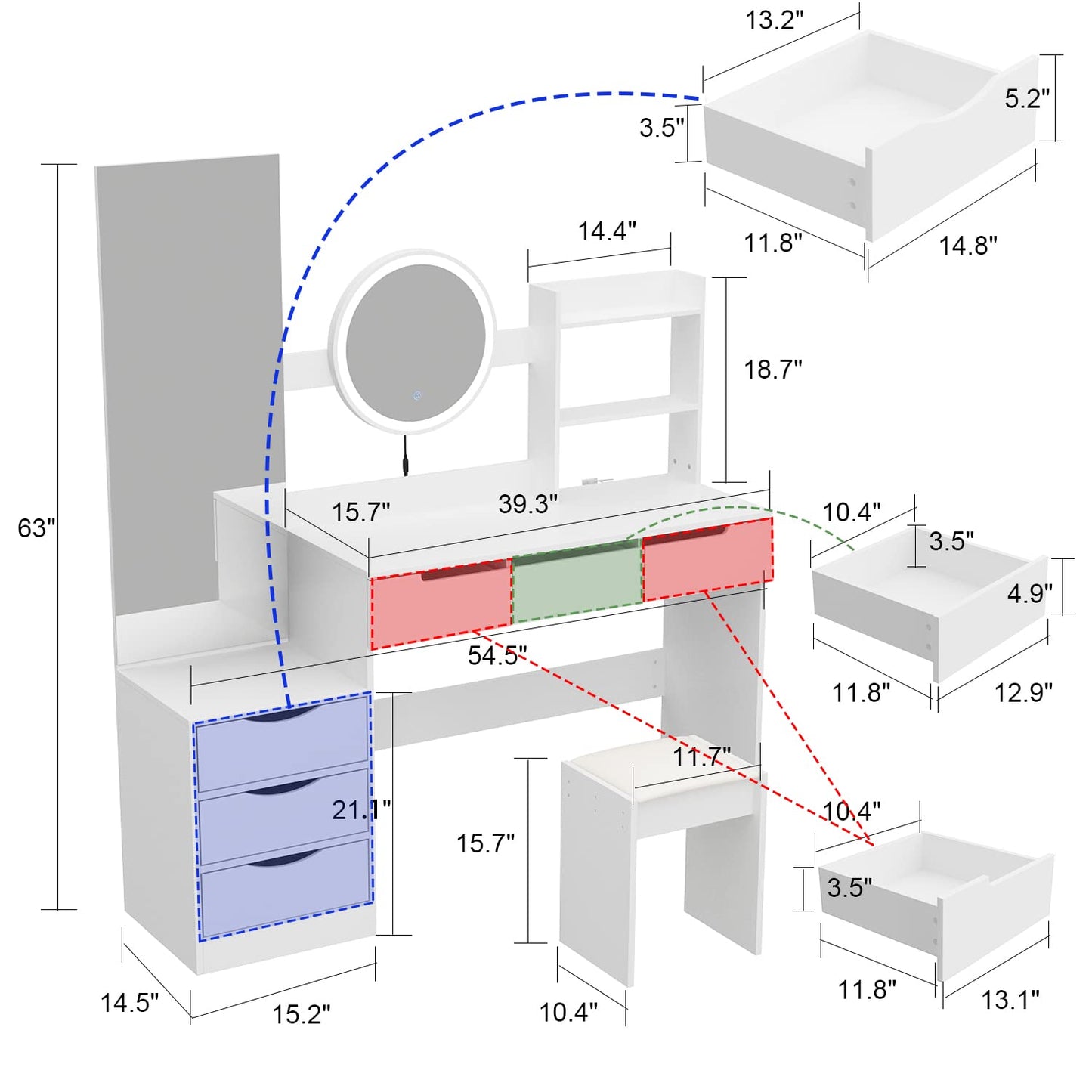 AGOTENI Large Vanity Table Set Makeup Vanity Dressing Table with Mirror, 5 Drawers & Shelves, Dresser Desk and Cushioned Stool Set (White Lighted Mirror)