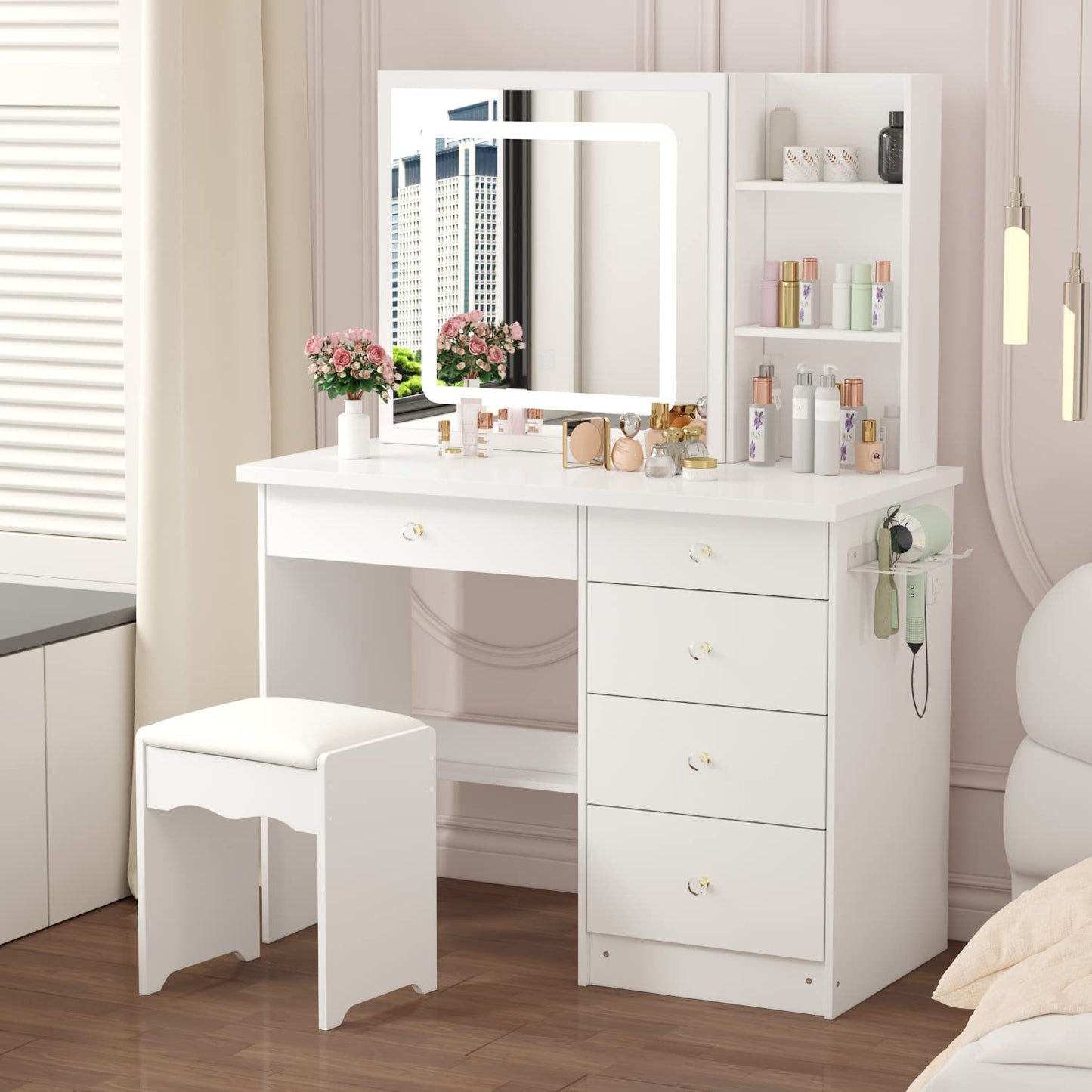 Homsee Vanity Desk Set Makeup Table with Shiny Rhinestone Crushed Diamond LED Light & Sliding Mirror, Dressing Table with 5 Drawers, Storage Shelves & Cushioned Stool for Bedroom, White