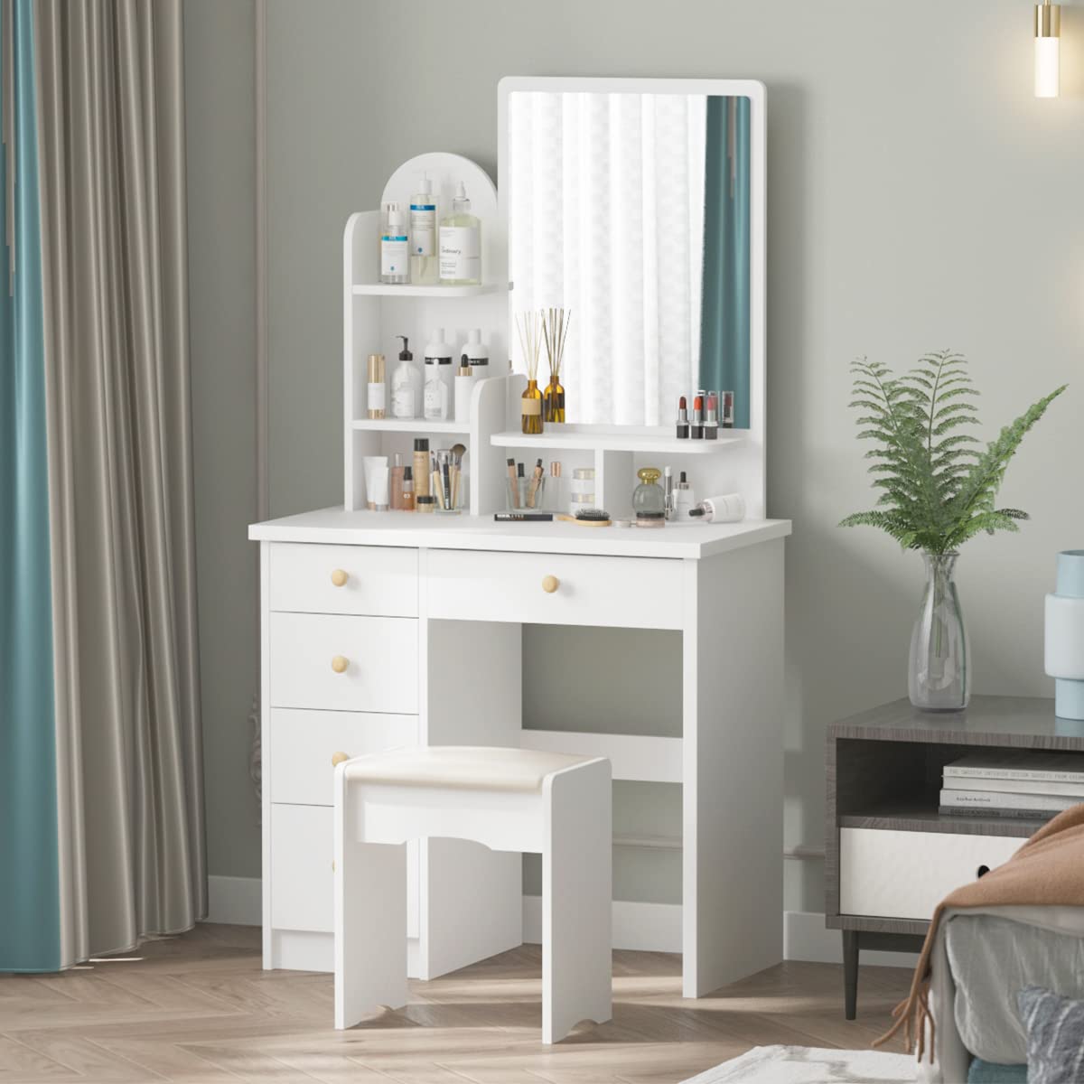 AGOTENI Large Vanity Table Set Makeup Vanity Dressing Table with Mirror, 5 Drawers & Shelves, Dresser Desk and Cushioned Stool Set (White Lighted Mirror)