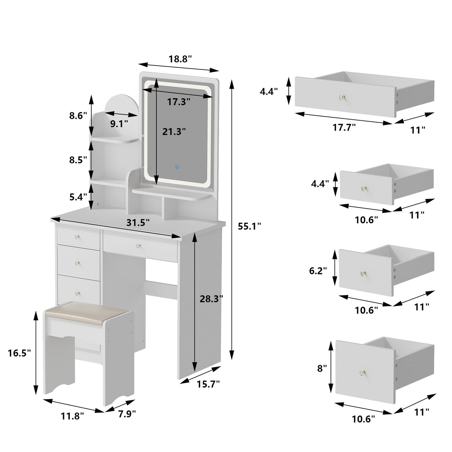 AGOTENI Large Vanity Table Set Makeup Vanity Dressing Table with Mirror, 5 Drawers & Shelves, Dresser Desk and Cushioned Stool Set (White Lighted Mirror)