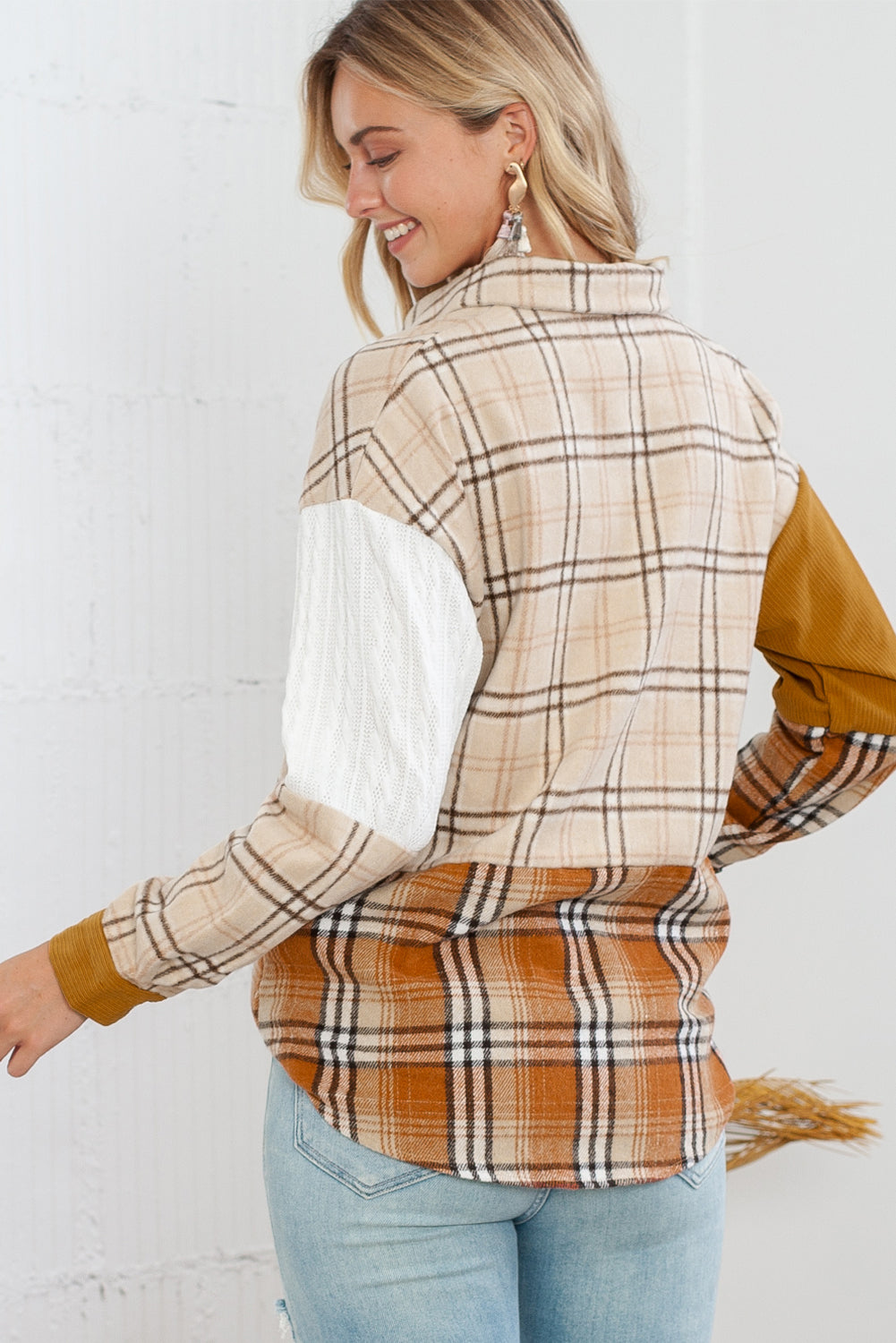 Orange Plaid Color Block Patchwork Pocket Shirt Shacket