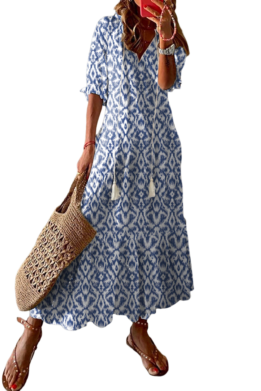 Pink Geometric Print Casual V Neck Maxi Dress